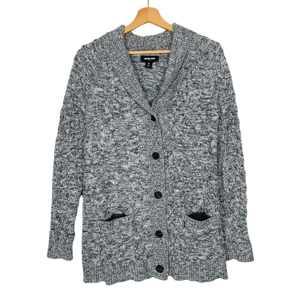 Lands' End Gray Cotton Blend Cable Shawl Cardigan Sweater Size Medium